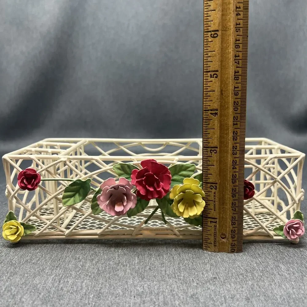 Vintage Floral Wire Lattice Tole Flower Caddy Cottage Core Desk Decor Organizer